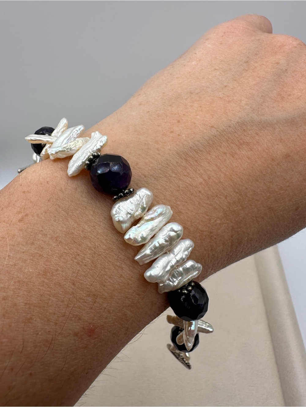 ⁠925 Sterling Silver Biwa Stick Pearl & Amethyst Gemstone Heart Toggle Bracelet⁠